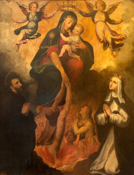 PRAIANO, ITALY - OCTOBER 6, 2025: The painting of Madonna with the sanits (Rita...) and souls in Purgatory in the church Chiesa di san Gennaro by unknown abaroque artist.