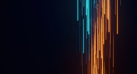 Vibrant digital light trails in dark space with orange and blue streaks