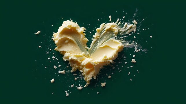 Creamy peanut butter heart shape exploding with dynamic splash and scattered pieces on dark green background for food advertising and culinary design.