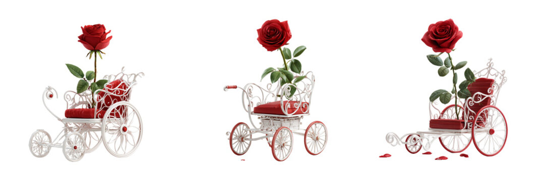 Set of Colorful plastic flowers in a fom vase on a classic bicycle on transparent png background. Ai generated