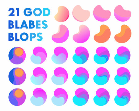 Abstract colorful blobs and text 21 god blabes blops on a white background