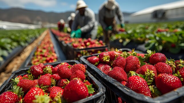 Fresh ripe strawberries in harvest crates with farm workers picking berries in agricultural field rows for organic produce and seasonal farming operations.