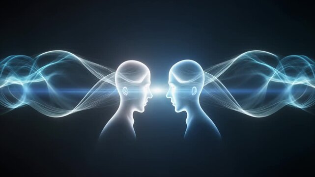 Conceptual illustration of two minds connecting via luminous energy streams, symbolizing telepathic communication, shared consciousness, and intellectual exchange