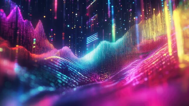 Digital wave patterns creating a vibrant abstract landscape, showing interconnected data streams and energy flow in a futuristic technological environment with colorful glowing particles - Powered by Adobe