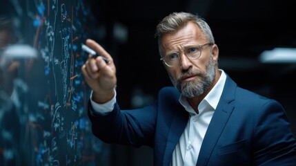 A man in a suit is pointing at a blackboard with a white marker
