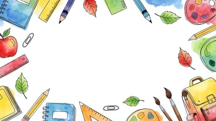 School supplies frame with colorful pencils, notebooks, backpack, apple and autumn leaves on white background for education design.
