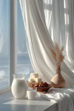 A bright, serene composition featuring a pitcher of milk, fresh cheese blocks, and a bowl of walnuts on a sunlit windowsill with flowing white curtains