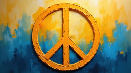 Orange peace symbol painted with thick texture on blue yellow abstract background in expressive artistic style. concept of peace and support Ukraine