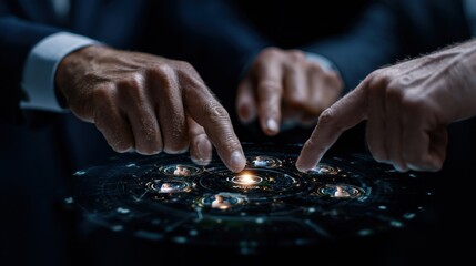 Two people are pointing at a glowing circle on a screen