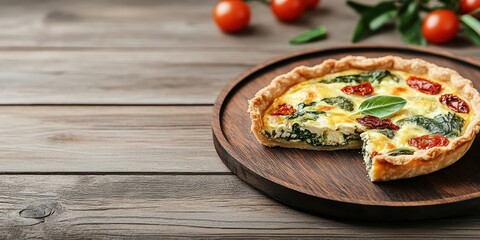 Savory spinach tomato tart with fresh basil, a delightful plant-based meal on a wooden table background.
