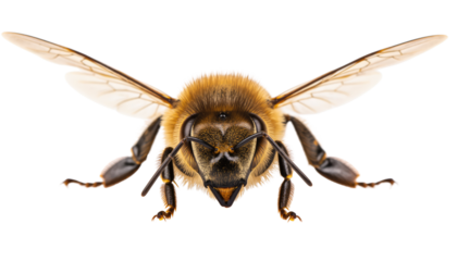 detailed macro shot of a honeybee, revealing its intricate structure and delicate wings, capturing its essential role in pollination in photorealistic. Isolated On Transparent and White Background