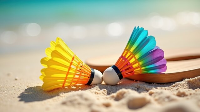 Colorful shuttlecock resting on sandy beach with wooden paddles in blurred ocean background during sunny summer day, concept of beach games, outdoor recreation, summer sports