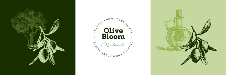 Vintage sketch logo set of olive branche, bottle of oil, tree. Extra virgin, farm product, Mediterranean cuisine, cosmetic, organic farm, packaging label. Engraved hand drawn vector illustration.