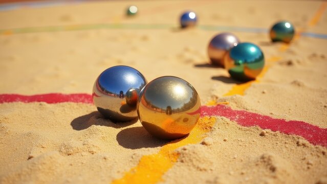 Colorful metal bocha balls on sandy court with vibrant painted boundary lines, traditional Latin American lawn game, outdoor recreation