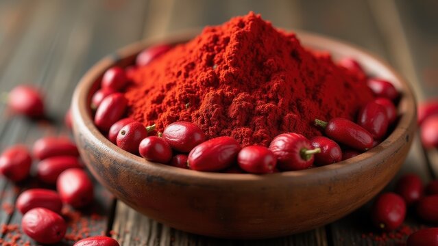 Vibrant red chili powder piled in wooden bowl surrounded by fresh gochu, Korean red peppers on rustic dark wood table, concept of korean food