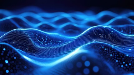 Blue glowing particles form a complex undulating wave pattern, representing data visualization, network connections, and the flow of information in a futuristic technological background