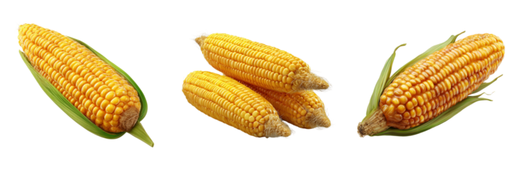 Set of Fresh raw corn with bright green husks on transparent png background. Ai generated