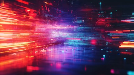 Digital data streams with glowing red and blue light lines creating an abstract futuristic information tunnel, representing global connectivity and high speed technology