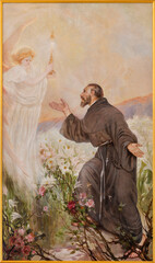 Obraz premium RAVELLO, ITALY - OCTOBER 7, 2025: The painting St. Francis of Assisi and angel with the Eucharist in the church Chiesa di San Francesco by Giuseppe Aprea (1876 – 1946).