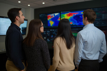 This image captures a diverse group of professionals observing data visualizations on screens, showcasing teamwork and innovation in the field of data analysis and interpretation.