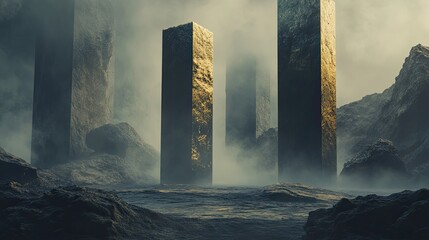 Obraz premium Tall golden faced ancient structures emerging from an atmospheric, mysterious terrain, depicting exploration, unknown worlds, and a sense of wonder in a desolate environment