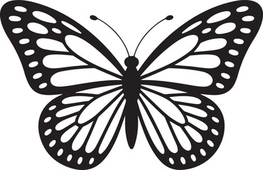 A simple black and white illustration of a butterfly with detailed wings