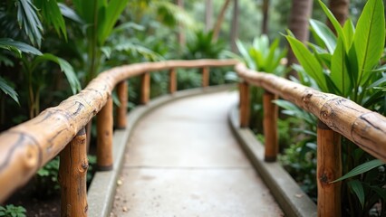 Gentle sloping pathway with wooden handrails through tropical garden, smooth concrete surface with textured grip, walking trail, lush vegetation on sides