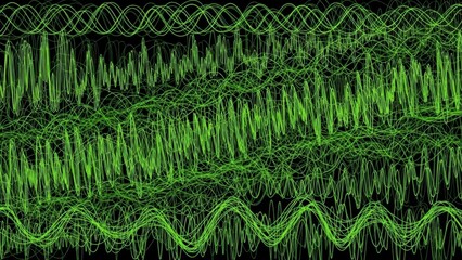 Abstract Green Wavy Lines on Black Background.