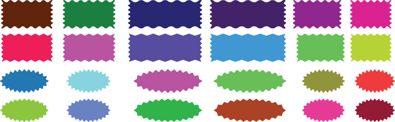Geometric shapes with scallop and zigzag edges set. Modern blank templates for price tags, promotion signs, and marketing design. Zig zag edge circle, square shape collection. 