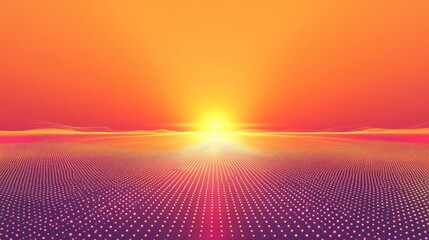 Abstract digital rendering showing a vibrant grid of light particles stretching towards a bright futuristic sun at the distant horizon, representing technology, connection, and data visualization