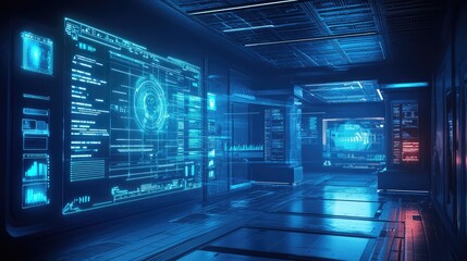 Futuristic server room displaying complex data analysis, code, and graphical interfaces on large glowing screens, representing advanced technology and digital information processing