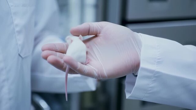 A laboratory worker, gloved and in a lab coat, holds a small, white mouse in their palm