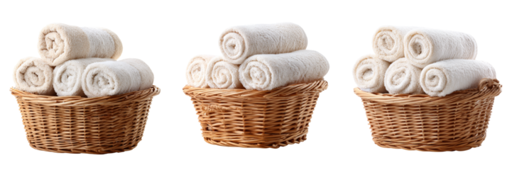 Set of Neutral  toned bath towels arranged in a handcrafted woven basket on transparent png background. Ai generated