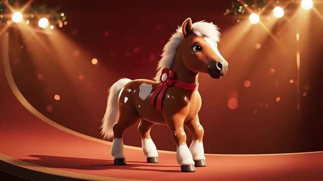 Cute animated cartoon horse with a red ribbon on a festive stage, surrounded by warm glowing string lights, ideal for children's entertainment, holiday promotions, and whimsical storytelling.