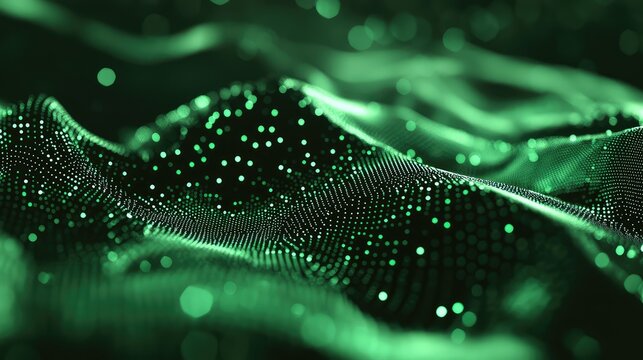 Data points forming an abstract green wave across a digital surface, visualizing flowing information, global connectivity, technology infrastructure, and future innovation - Powered by Adobe