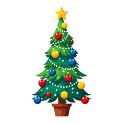Fototapeta premium Cute Christmas Tree Illustration , Festive Holiday Evergreen with Ornaments, Lights and Star Cartoon Vector