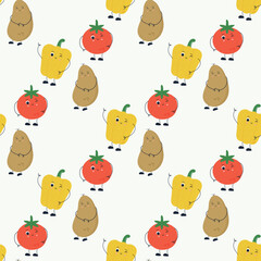 Cute Vegetable Characters Seamless Pattern. Kids Food Vector Background. Perfect for wallpapers, textiles, wrapping paper, packaging, fabric