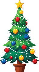Cute Christmas Tree Illustration , Festive Holiday Evergreen with Ornaments, Lights and Star Cartoon Vector
