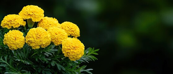 Vibrant marigold flowers blooming beautifully in a garden with lush green leaves and a soft, blurred natural background