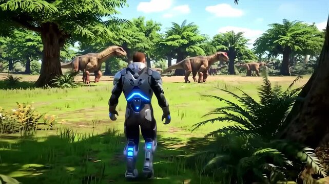 A futuristic figure gazes upon dinosaurs in a vibrant, prehistoric landscape with lush greenery