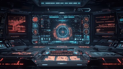 Futuristic control room showing a complex digital interface with screens displaying abstract data, graphs, and holographic visual elements in vibrant blue and orange tones