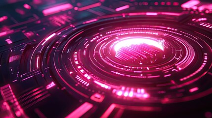 Abstract technology background showing glowing pink connections and digital elements forming a circular core, representing data processing, innovation, and global communication
