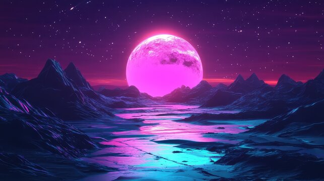 Vibrant pink moon illuminating a surreal alien landscape featuring rugged mountains, a reflective river, and a deep purple, starry sky, creating a retro futuristic synthwave scene