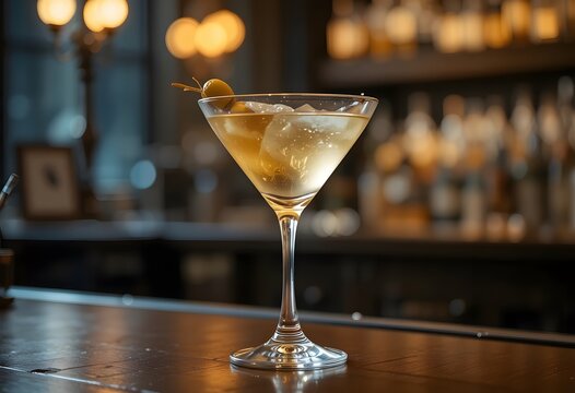An elegant martini cocktail, perfectly chilled with ice and a green olive, waiting on a polished bar top. 007 martini