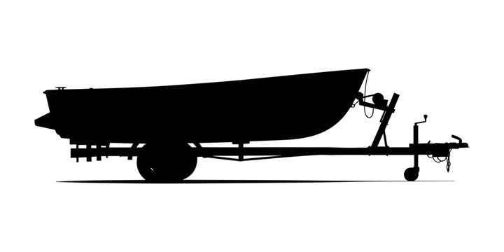 Silhouette of a small boat on a trailer, ready for transport.