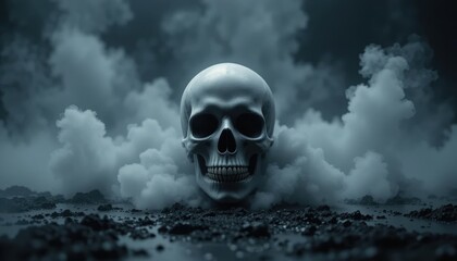 Skull amidst smoke in low light setting with dark background Generative AI