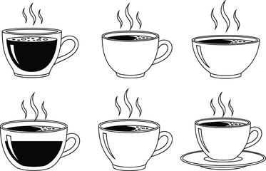 Hot coffee cup icon set, steaming mug vector pack, editable, isolated, black silhouette, cozy drink design, café clipart
