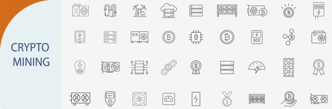 crypto mining blockchain technology minimal line vector icon set