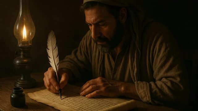 A historical scribe writing on parchment with a quill pen. An ancient scholar working by the warm light of an oil lamp. Biblical or medieval author concept