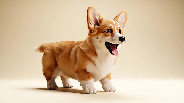 Cute animated Corgi dog playfully pouncing or sniffing on a clean beige background, perfect for pet-related content, children's entertainment, and explainer videos.